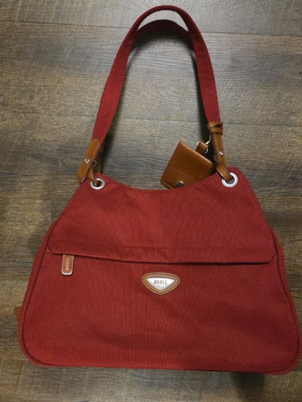 Roots Maroon Canvas Shoulder Bag with Brown Leather Accents